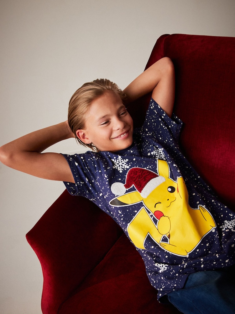 Navy Blue Pikachu Christmas Short Sleeve 100% Cotton T-Shirt (4-16yrs) - Image 4 of 7