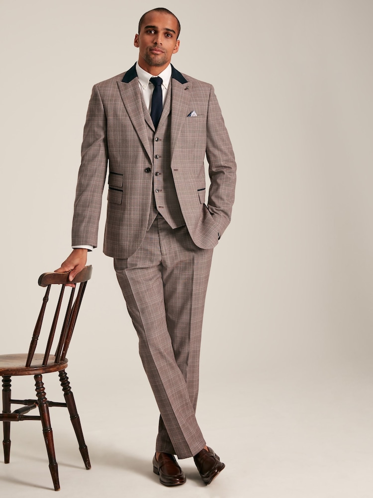 Joules Pink Slim Fit Trimmed Check Suit Trousers - Image 2 of 7