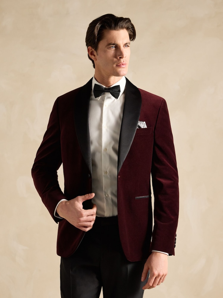 Joules Burgundy Red Slim Fit Velvet Blazer - Image 1 of 12