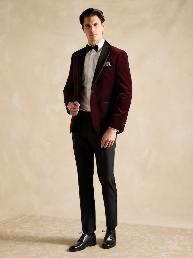 Joules Burgundy Red Slim Fit Velvet Blazer - Image 3 of 12