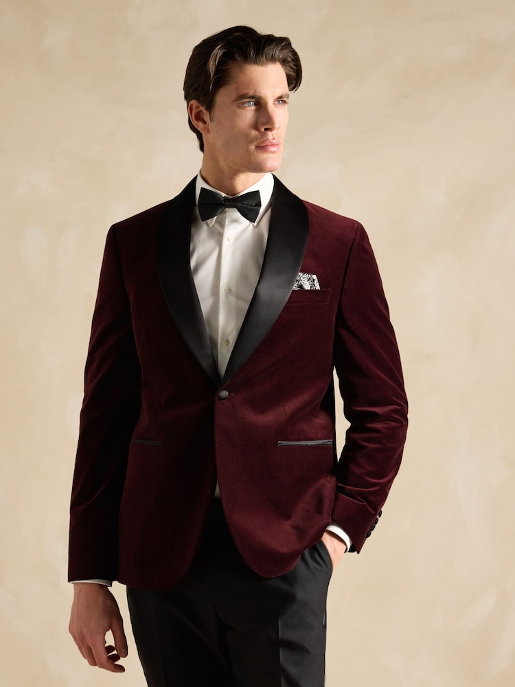 Joules Burgundy Red Slim Fit Velvet Blazer - Image 5 of 12