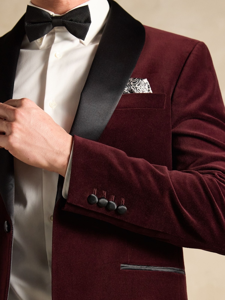 Joules Burgundy Red Slim Fit Velvet Blazer - Image 7 of 12