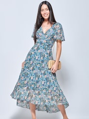 Jolie Moi Blue & Pink Floral Pleated Chiffon High Low Maxi Dress - Image 1 of 5