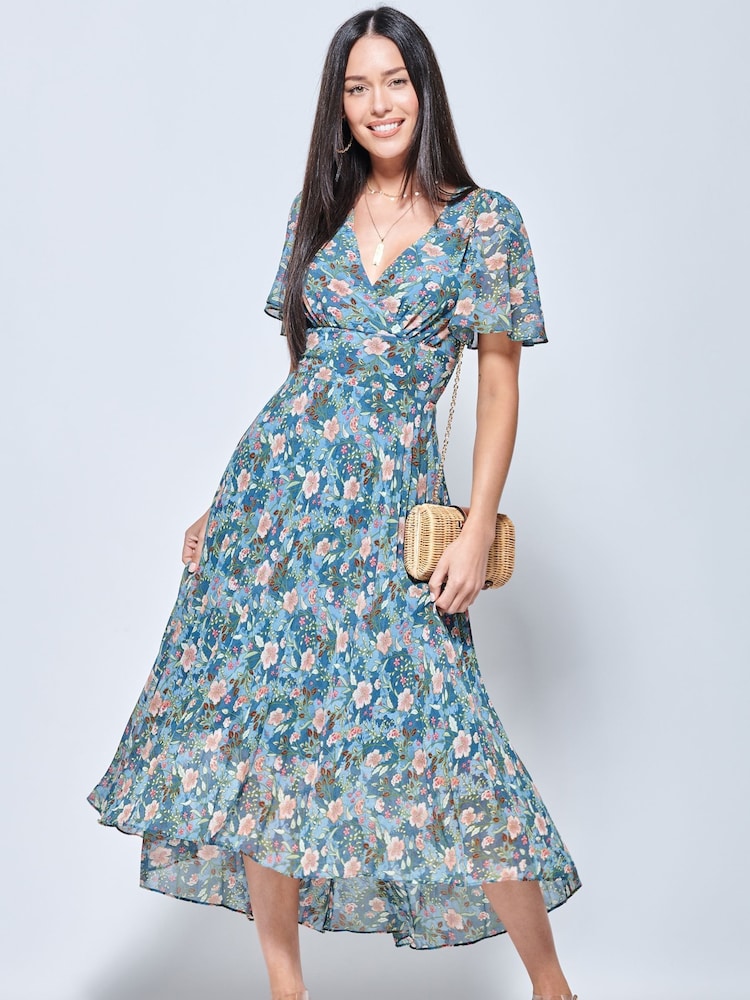 Jolie Moi Blue & Pink Floral Pleated Chiffon High Low Maxi Dress - Image 1 of 5