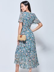 Jolie Moi Blue & Pink Floral Pleated Chiffon High Low Maxi Dress - Image 2 of 5