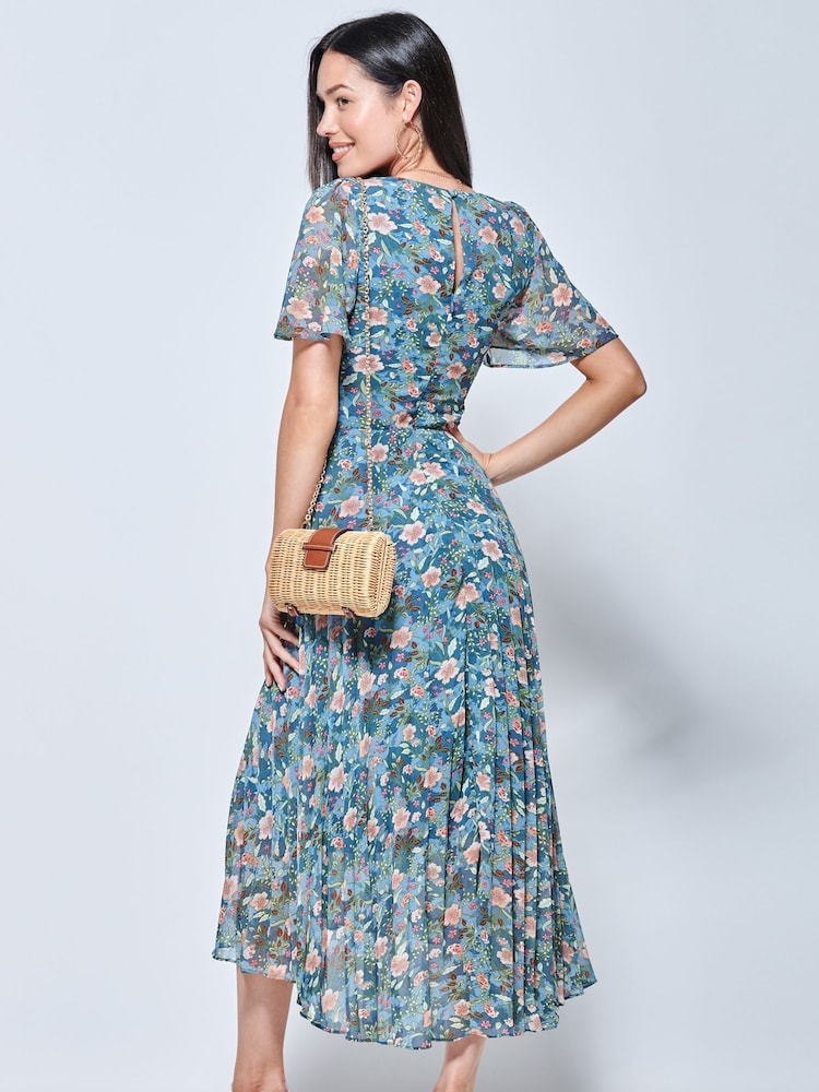 Jolie Moi Blue & Pink Floral Pleated Chiffon High Low Maxi Dress - Image 2 of 5