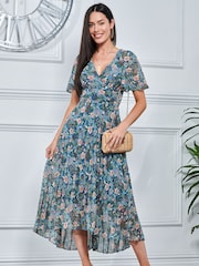 Jolie Moi Blue & Pink Floral Pleated Chiffon High Low Maxi Dress - Image 4 of 5