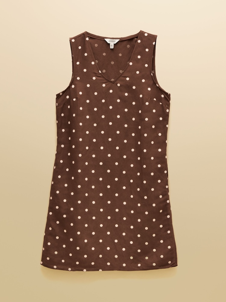 Joules Delphine Chocolate Brown with Cream Spot V Neck Shift Dress With Linen - Image 10 of 10 Joules Delphine Chocolate Brown with Cream Spot V Neck Shift Dress With Linen - Image 10 of 10