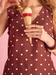Joules Delphine Chocolate Brown with Cream Spot V Neck Shift Dress With Linen - Image 3 of 10