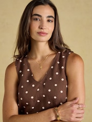 Joules Delphine Chocolate Brown with Cream Spot V Neck Shift Dress With Linen - Image 4 of 10