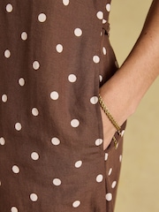 Joules Delphine Chocolate Brown with Cream Spot V Neck Shift Dress With Linen - Image 5 of 10