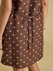 Joules Delphine Chocolate Brown with Cream Spot V Neck Shift Dress With Linen - Image 6 of 10