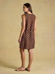 Joules Delphine Chocolate Brown with Cream Spot V Neck Shift Dress With Linen - Image 7 of 10