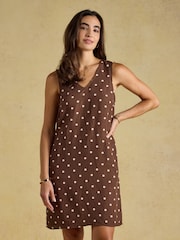 Joules Delphine Chocolate Brown with Cream Spot V Neck Shift Dress With Linen - Image 9 of 10