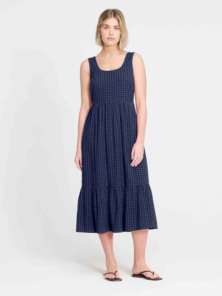 Finery Blue Petite Sleeveless Gingham Seersucker Midi Dress - Image 1 of 4