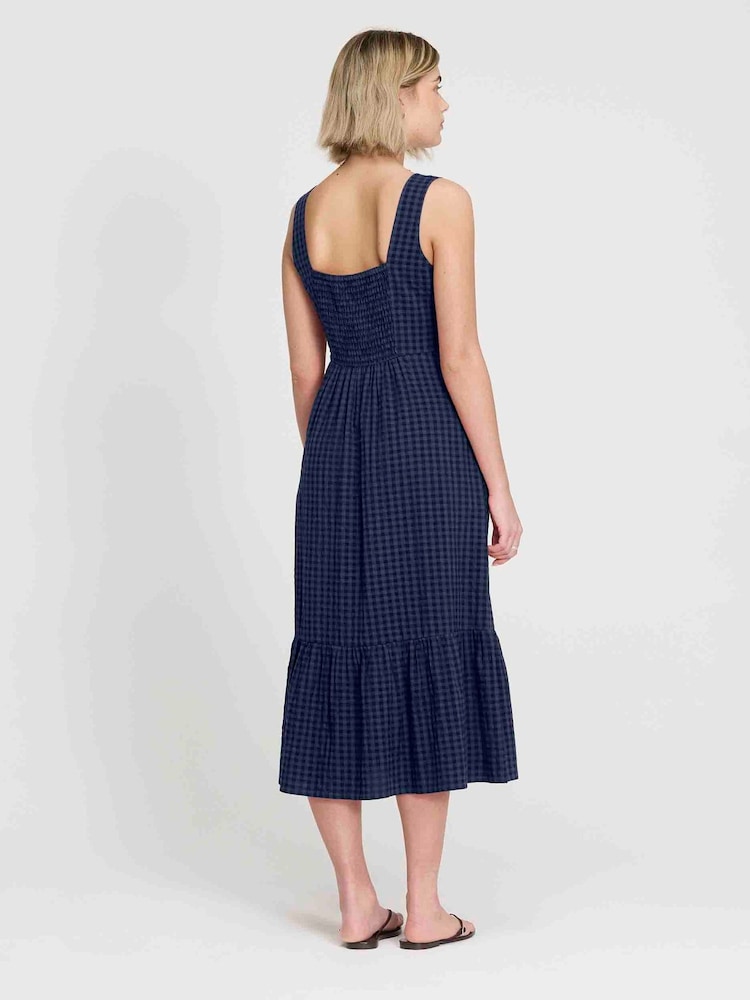 Finery Blue Petite Sleeveless Gingham Seersucker Midi Dress - Image 2 of 4