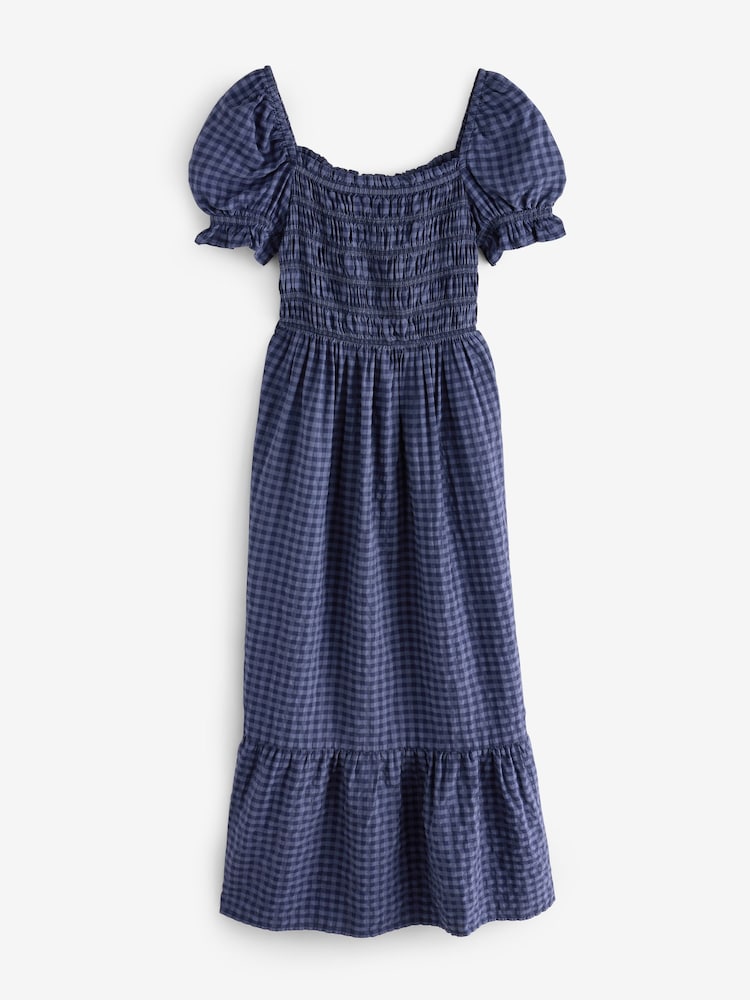 Finery Blue Petite Dawn Shirred Gingham Seersucker Midi Dress - Image 1 of 1 Finery Blue Petite Dawn Shirred Gingham Seersucker Midi Dress - Image 1 of 1