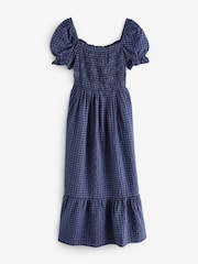 Mavi - Finery Petite Dawn Shirred Gingham Seersucker Midi Don - 5şəkildən 5 şəkil
