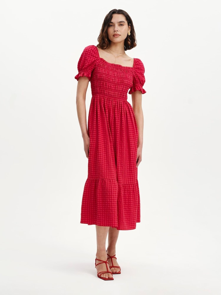 Finery Pink Petite Dawn Shirred Gingham Seersucker Midi Dress - Image 1 of 4