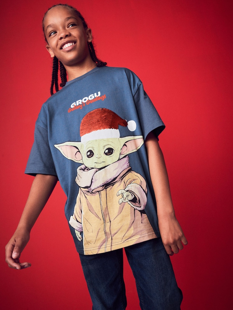 Grogu Navy Blue Short Sleeve Christmas T-Shirt (3-16yrs) - Image 1 of 8