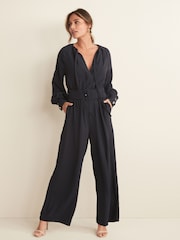 Marineblau/blau - Krepp-Jumpsuit mit Bindeband am Ausschnitt - Bild 1 von 5