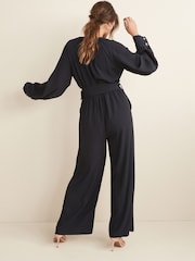 Marineblau/blau - Krepp-Jumpsuit mit Bindeband am Ausschnitt - Bild 3 von 5