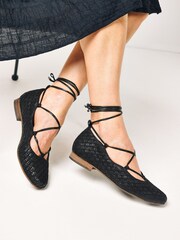 Black Forever Comfort® Leather Strappy Woven Ballerina Shoes - Image 1 of 4