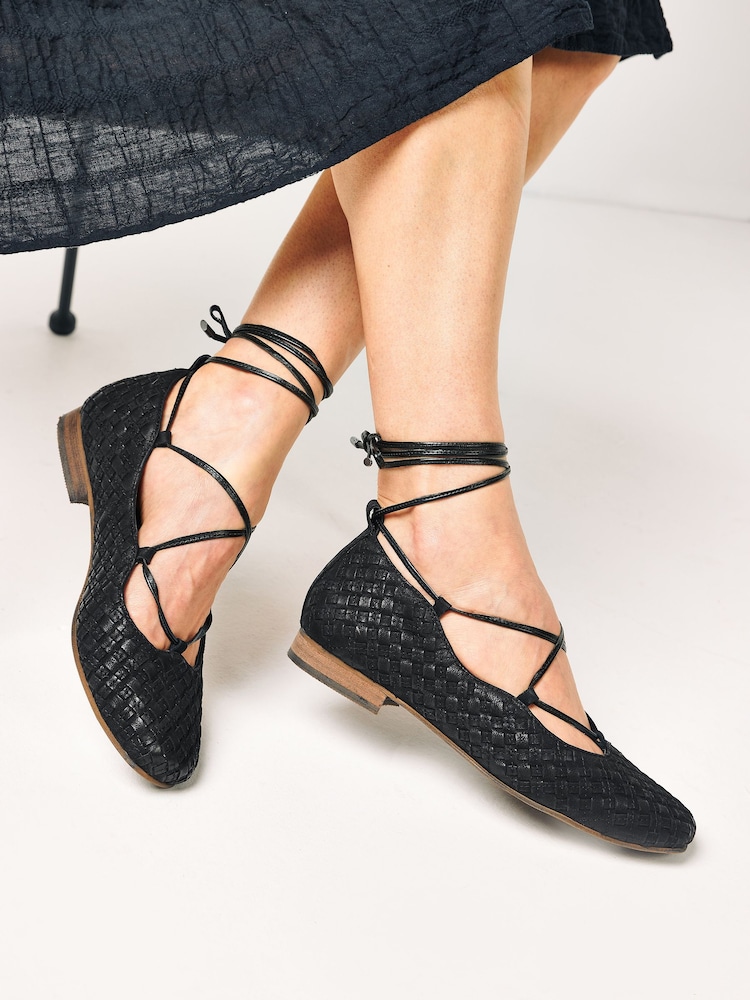 Black Forever Comfort® Leather Strappy Woven Ballerina Shoes - Image 1 of 4
