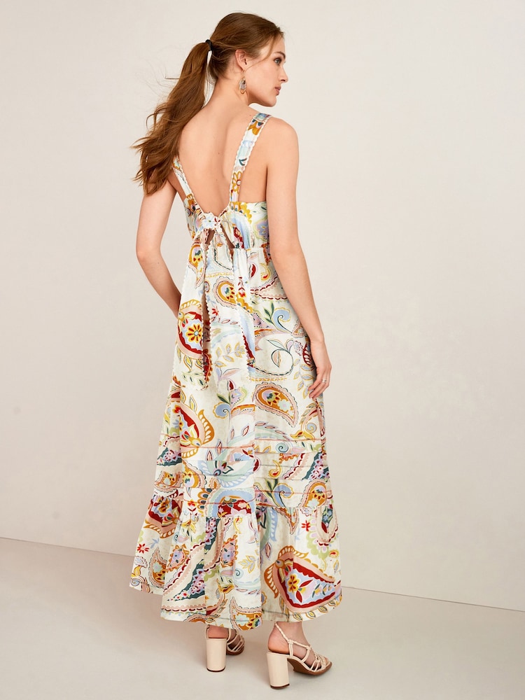 Cream Floral Cotton Tiered Midi Dress - Image 2 of 5