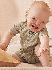 MORI Organic Cotton & Bamboo Short Sleep Zip Up Baby Romper - Image 1 of 3