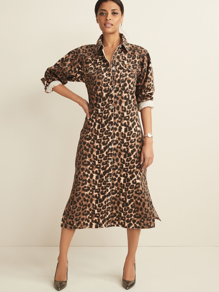 Leopard Print Western Denim Midi Dress - Image 1 of 4 Leopard Print Western Denim Midi Dress - Image 1 of 4