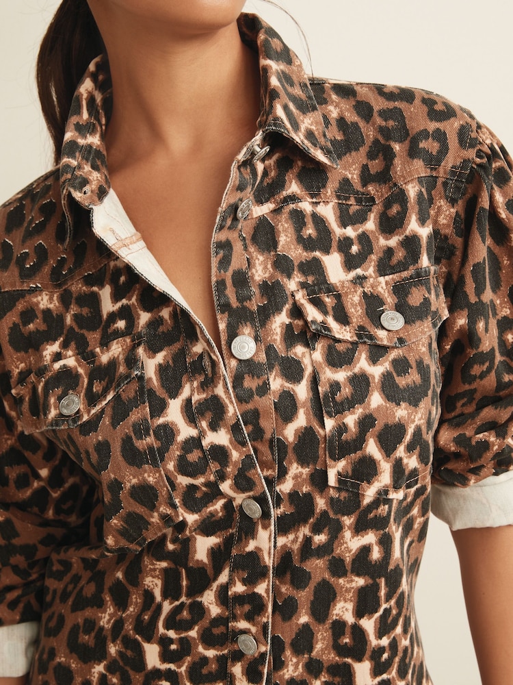 Leopard Print Western Denim Midi Dress - Image 4 of 4 Leopard Print Western Denim Midi Dress - Image 4 of 4