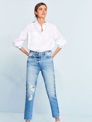 Mid Blue Wash Ripped Mom Jeans - Image 1 of 7
