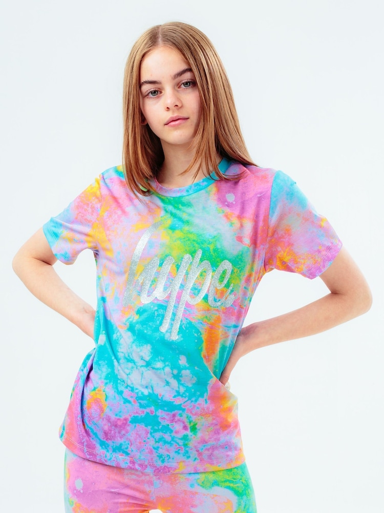 Hype. Girls Blue Tie Dye Glitter Script T-Shirt - Image 1 of 3