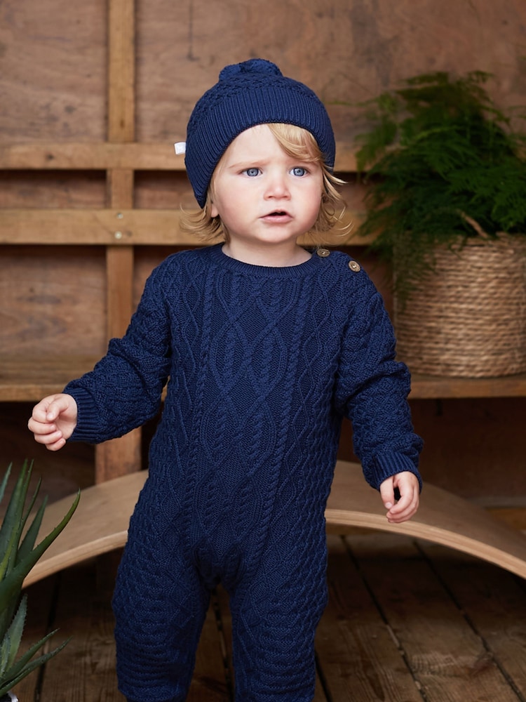 The Little Tailor Cable Knit 100% Cotton Romper And Hat Baby Gift Set - Image 1 of 9