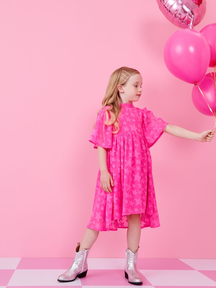 Bright Pink Star Jacquard Party Dress (3-16yrs) - Image 2 of 7