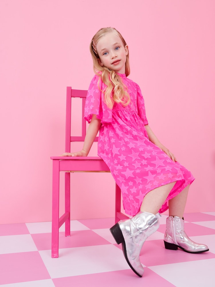 Bright Pink Star Jacquard Party Dress (3-16yrs) - Image 3 of 7