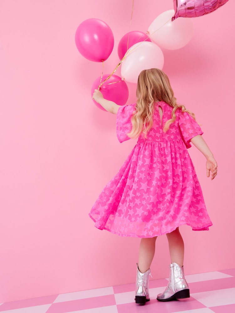 Bright Pink Star Jacquard Party Dress (3-16yrs) - Image 4 of 7