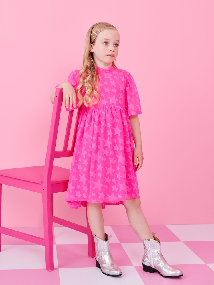Bright Pink Star Jacquard Party Dress (3-16yrs) - Image 5 of 7