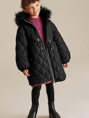 Black Faux Fur Hooded Quilted Padded Coat (3-16yrs) - Image 1 of 4