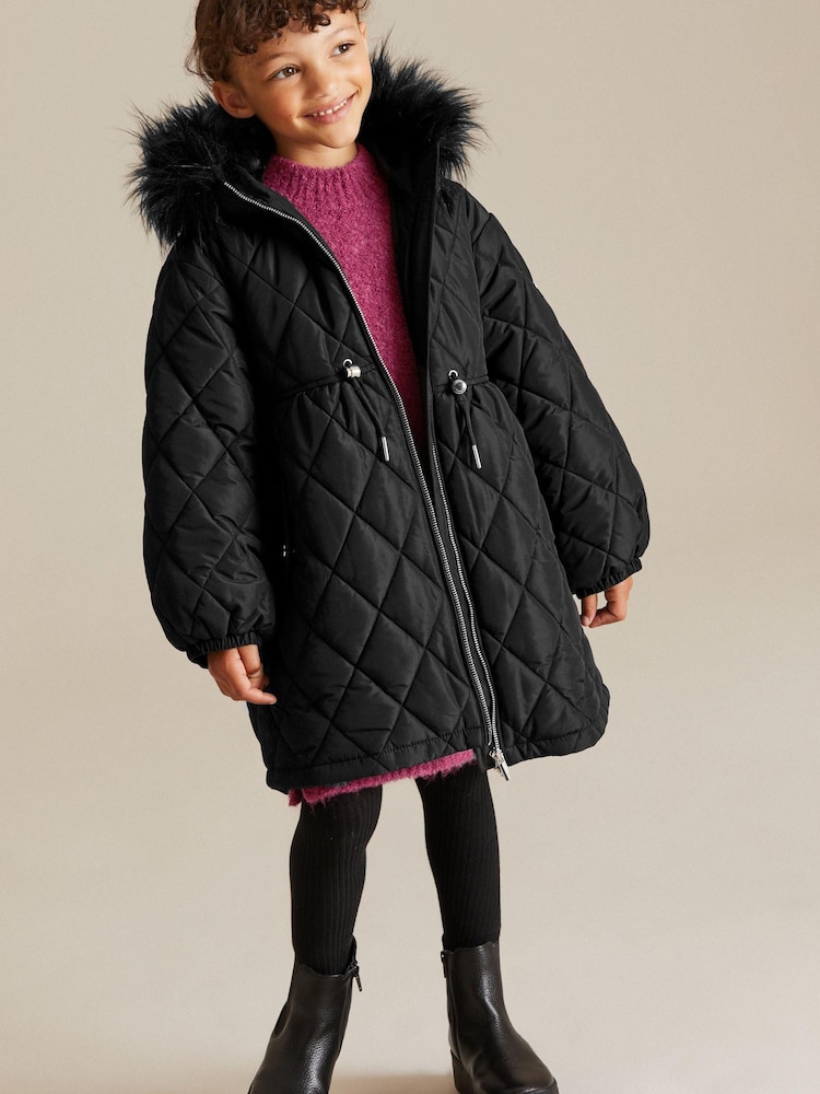 Black Faux Fur Hooded Quilted Padded Coat (3-16yrs) - Image 1 of 4