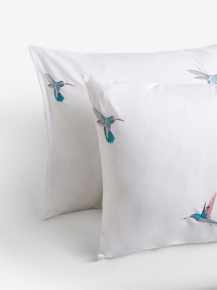 White With Hummingbird Embroidered Duvet Cover and Pillowcase Set - Image 3 of 5