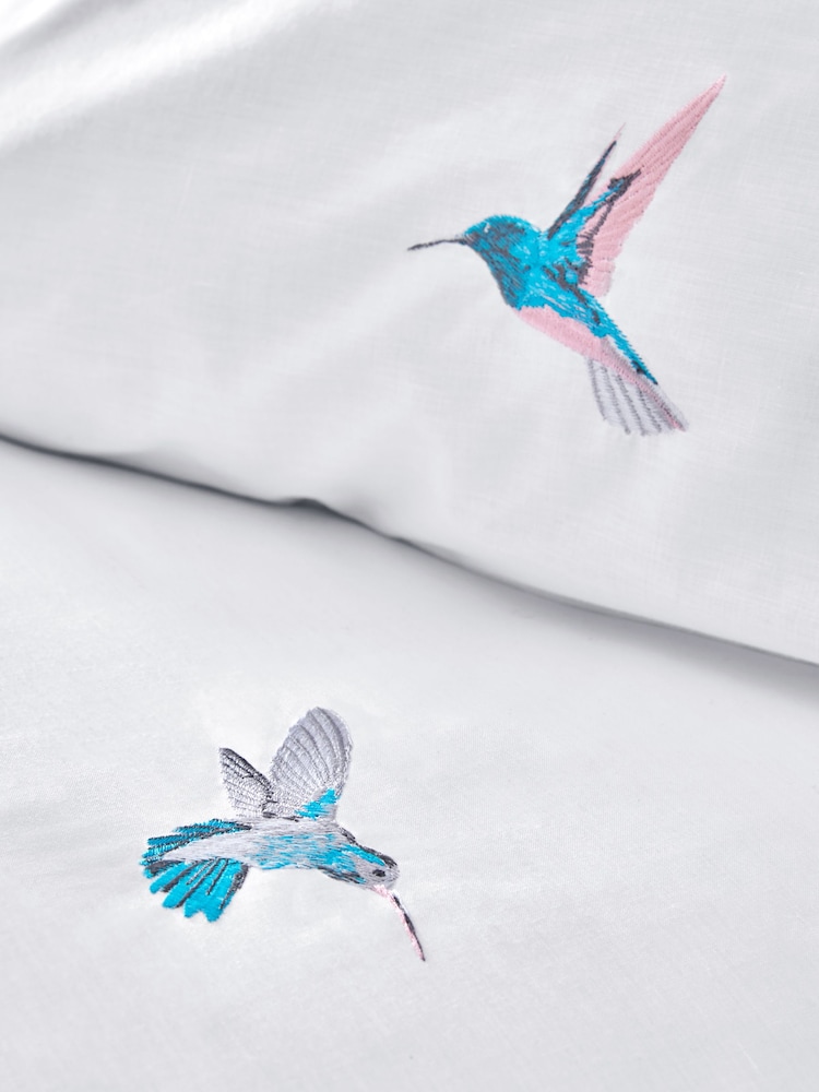 White With Hummingbird Embroidered Duvet Cover and Pillowcase Set - Image 4 of 5