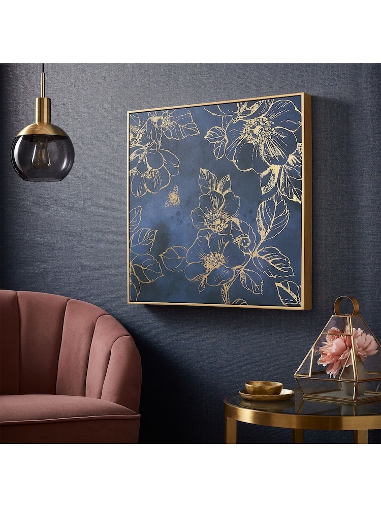 Art For The Home Blue Golden Blooms Box Framed Canvas - Image 1 of 4