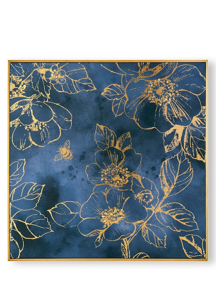 Art For The Home Blue Golden Blooms Box Framed Canvas - Image 2 of 4
