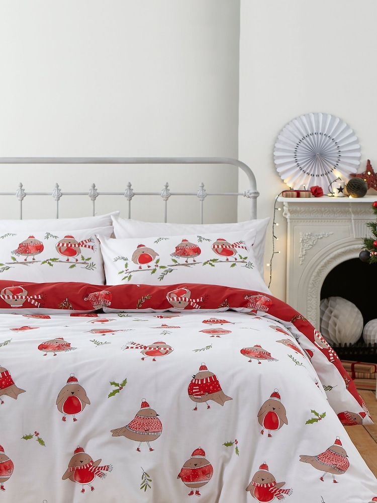 Catherine Lansfield Red Christmas Robins Duvet Cover and Pillowcase Set - Image 1 of 4