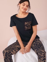 Navy Blue Animal Print Cotton Short Sleeve Pyjamas - Image 1 of 8