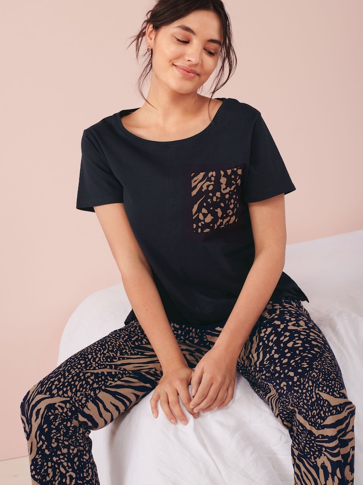 Navy Blue Animal Print Cotton Short Sleeve Pyjamas - Image 1 of 8