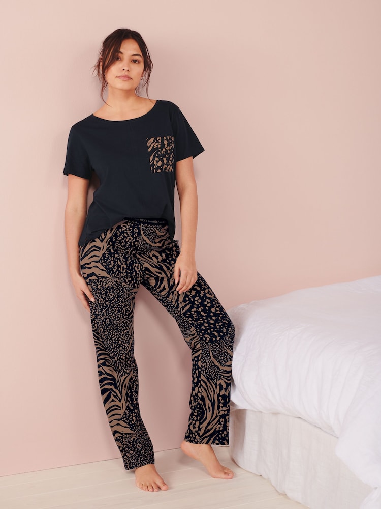 Navy Blue Animal Print Cotton Short Sleeve Pyjamas - Image 3 of 8