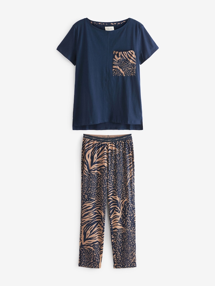 Navy Blue Animal Print Cotton Short Sleeve Pyjamas - Image 6 of 8
